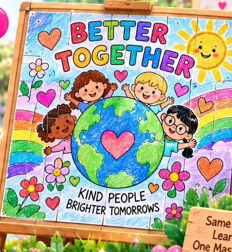 A colorful Better Together collaborative classroom poster on an easel