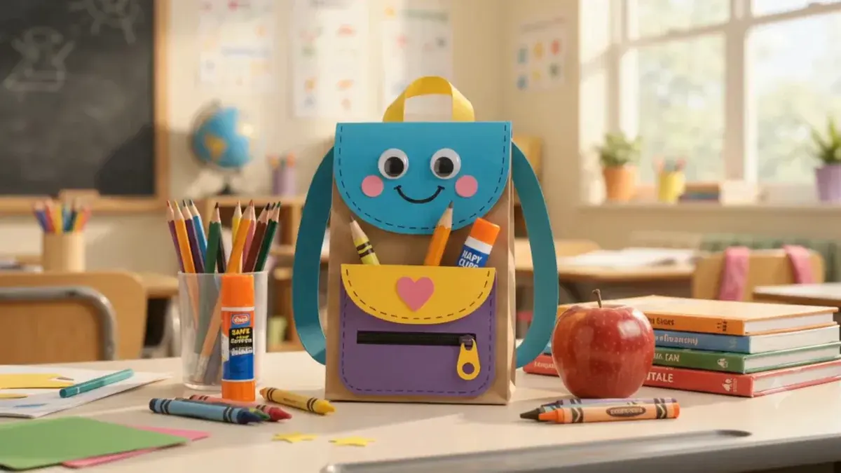 A colorful paper backpack craft on a classroom desk