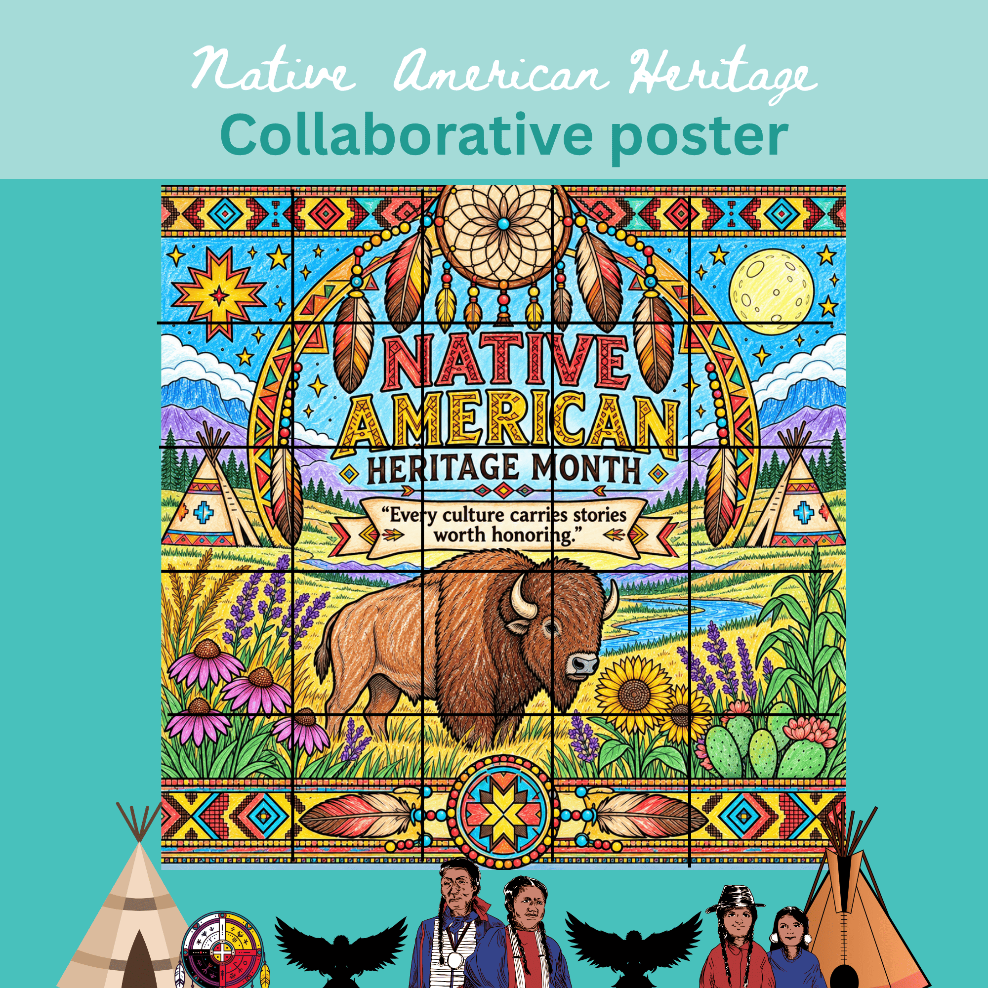 Native American Heritage Month collaborative coloring poster featuring a bison, mountains, flowers and a message about honoring cultures