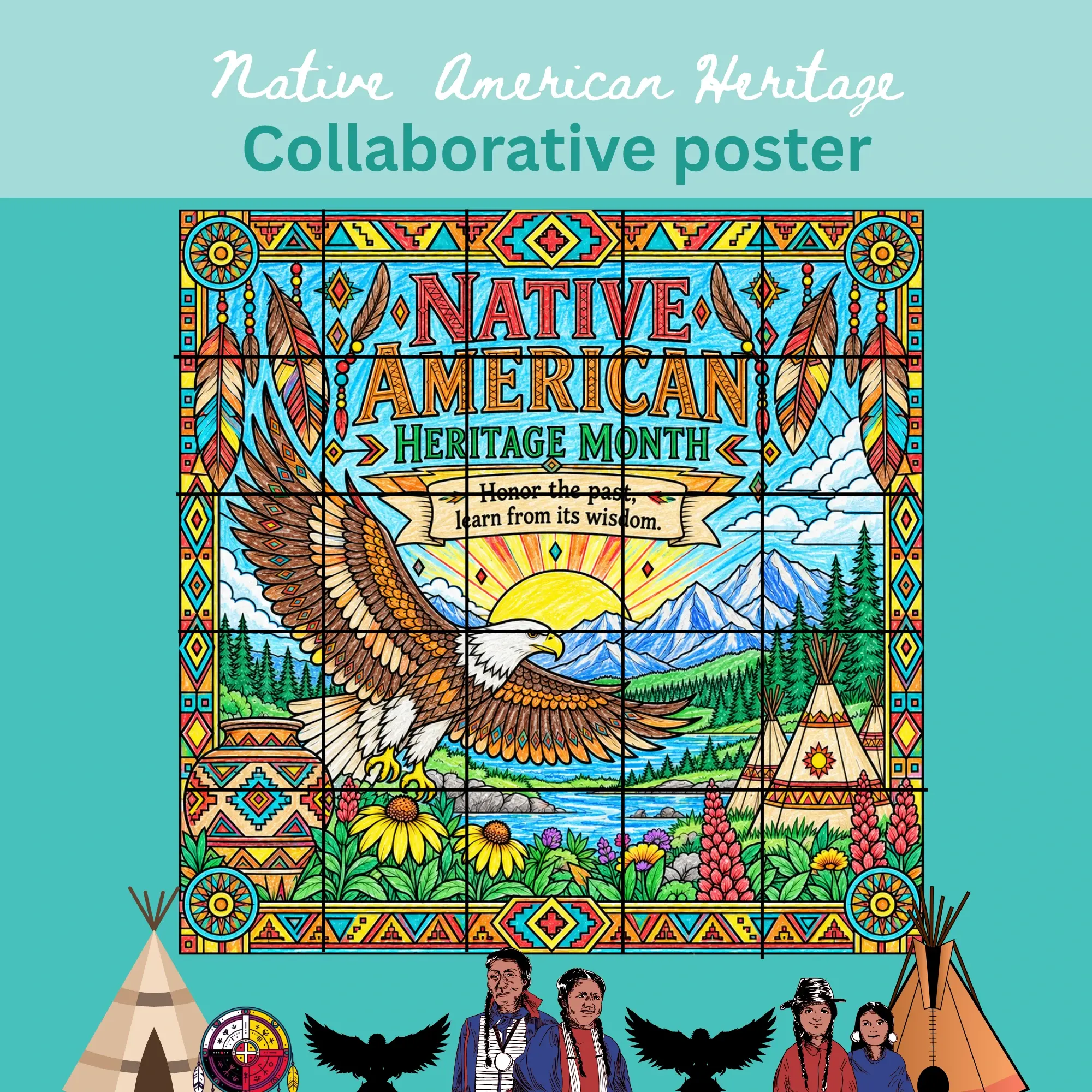 Native American Heritage Month collaborative coloring poster featuring an eagle, mountains and flowers